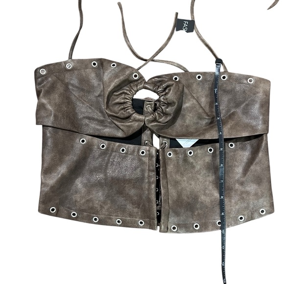 NWT Brown Leather Halter Hook N Eye Crop Top & Belted Eyelet Skort Skirt Set - Picture 14 of 15